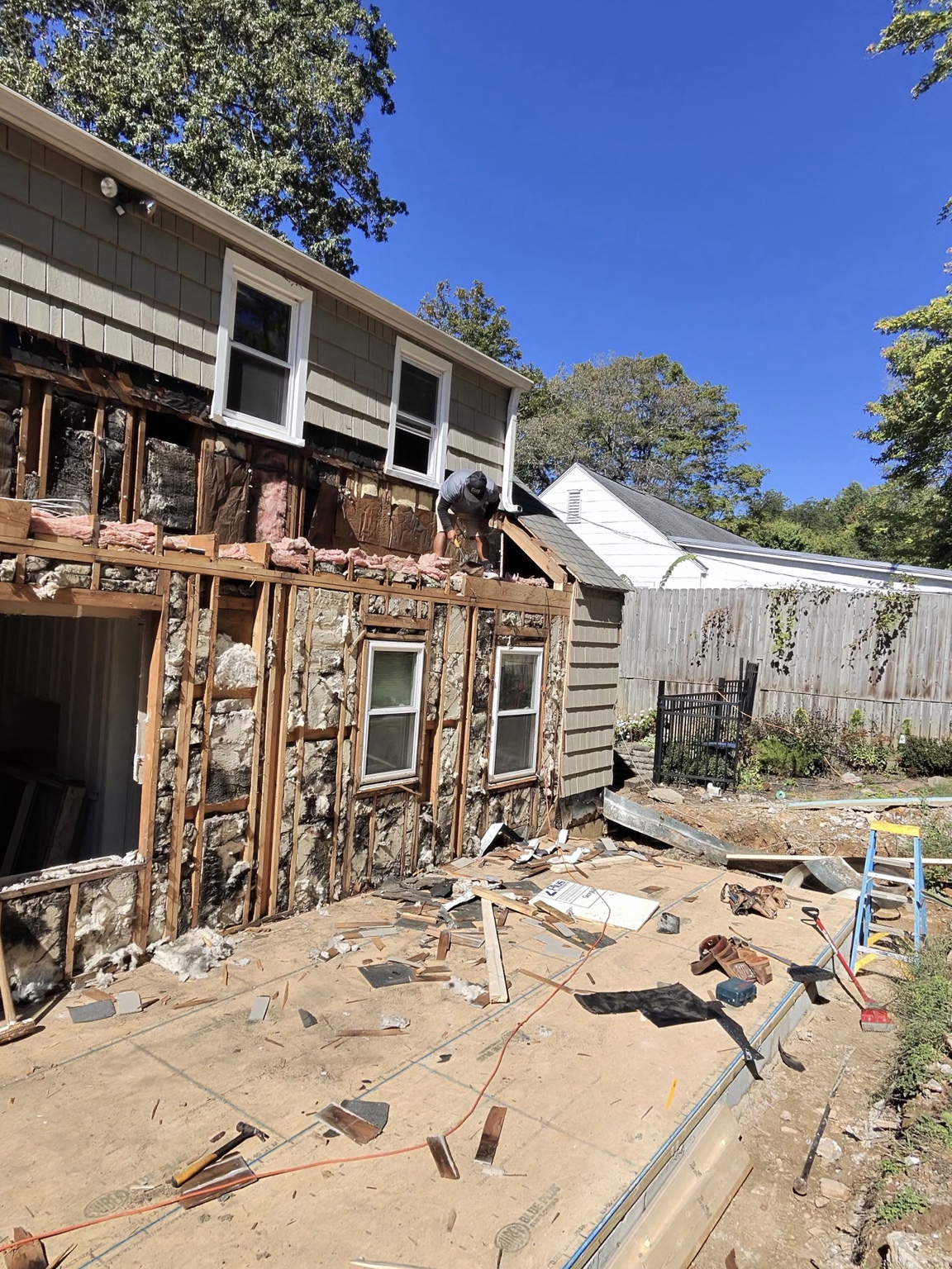 View of exterior renovation and framing work