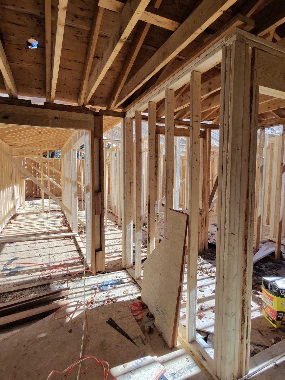 Interior wall framing and exposed floor joists